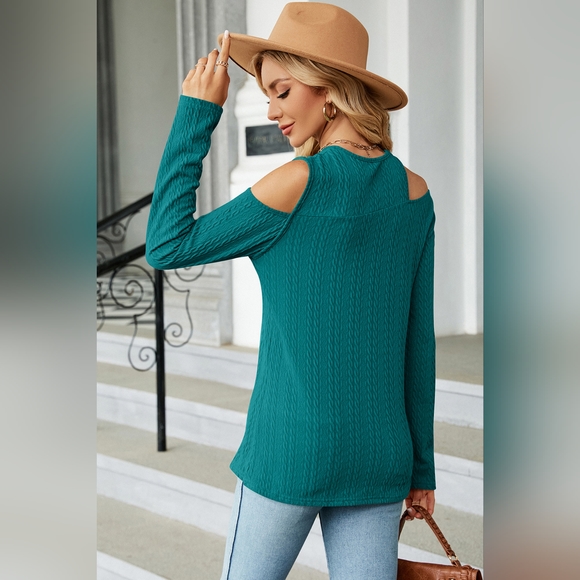 Women's Turquoise Round Neck Cold Shoulder T-Shirt Texture Top - Picture 3 of 4